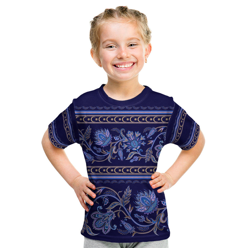 Azerbaijan Kid T Shirt Traditional Pattern Ornament With Flowers Buta Blue - Wonder Print Shop