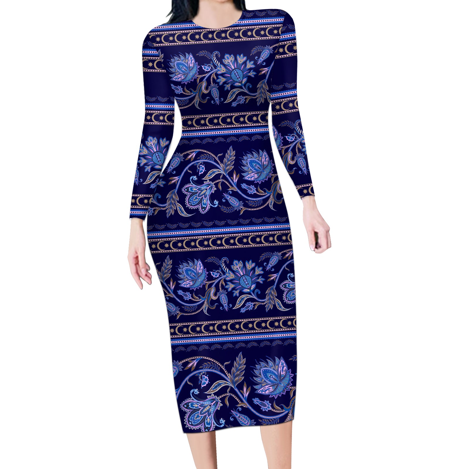 Azerbaijan Long Sleeve Bodycon Dress Traditional Pattern Ornament With Flowers Buta Blue - Wonder Print Shop