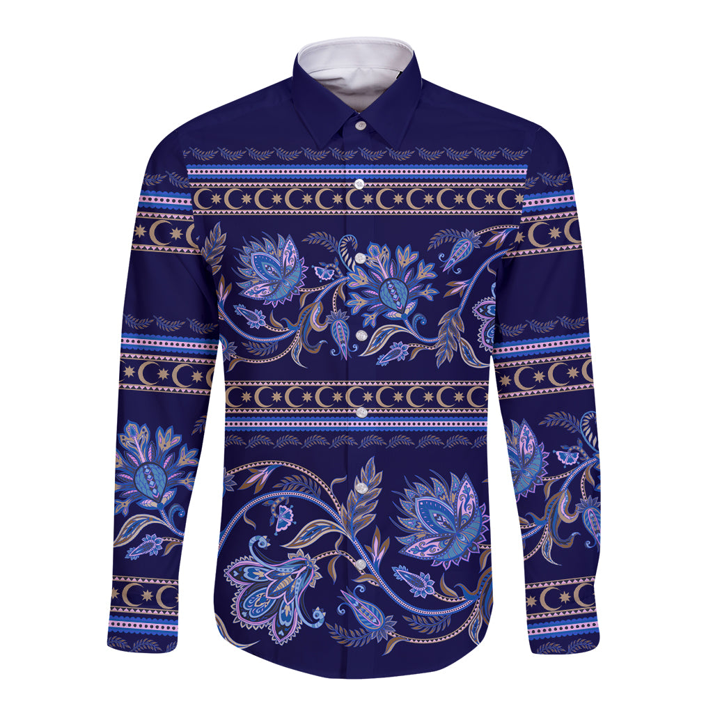 Azerbaijan Long Sleeve Button Shirt Traditional Pattern Ornament With Flowers Buta Blue - Wonder Print Shop