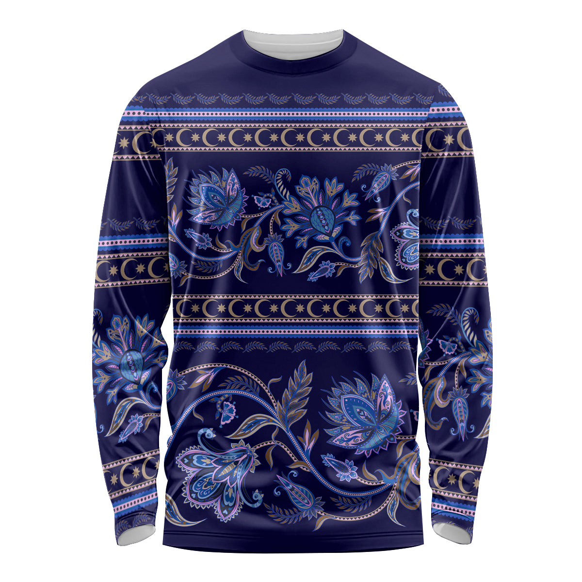 Azerbaijan Long Sleeve Shirt Traditional Pattern Ornament With Flowers Buta Blue - Wonder Print Shop