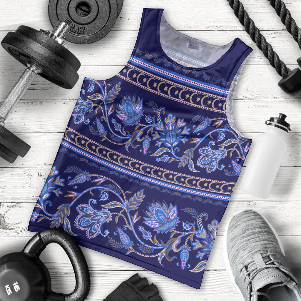 Azerbaijan Men Tank Top Traditional Pattern Ornament With Flowers Buta Blue - Wonder Print Shop