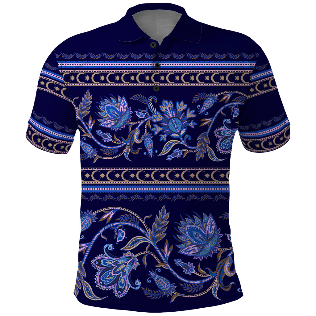 Azerbaijan Polo Shirt Traditional Pattern Ornament With Flowers Buta Blue - Wonder Print Shop