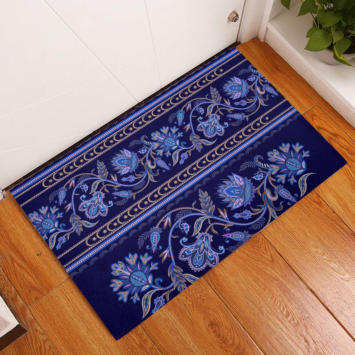 Azerbaijan Rubber Doormat Traditional Pattern Ornament With Flowers Buta Blue - Wonder Print Shop