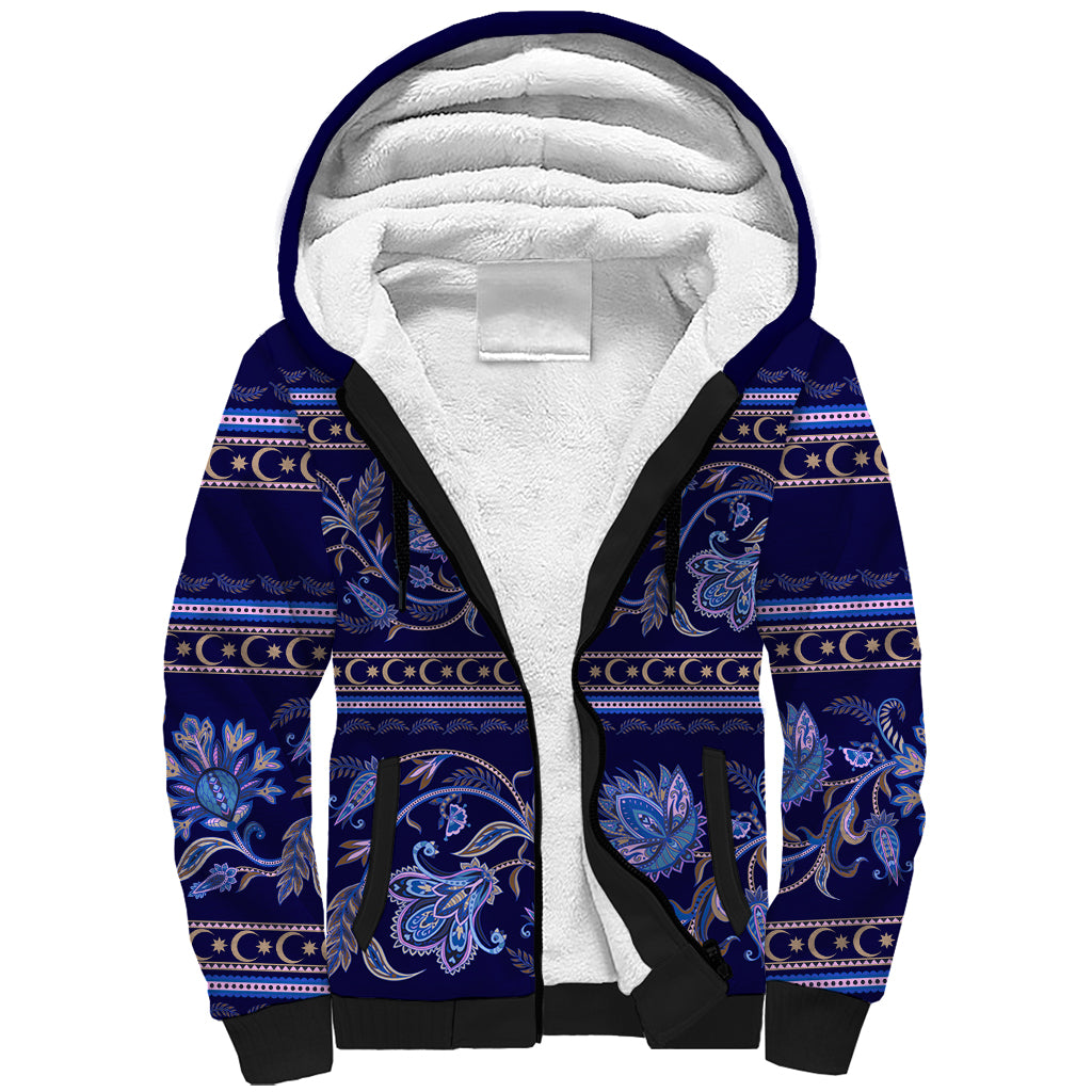 Azerbaijan Sherpa Hoodie Traditional Pattern Ornament With Flowers Buta Blue - Wonder Print Shop