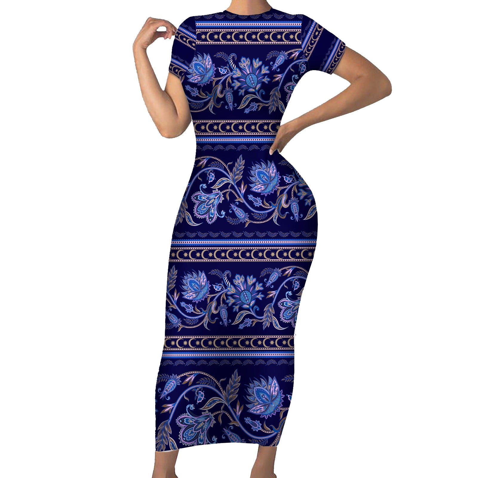 Azerbaijan Short Sleeve Bodycon Dress Traditional Pattern Ornament With Flowers Buta Blue - Wonder Print Shop