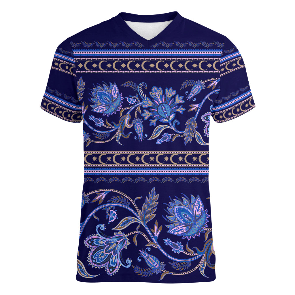 Azerbaijan Women V Neck T Shirt Traditional Pattern Ornament With Flowers Buta Blue - Wonder Print Shop