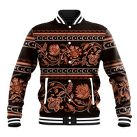 Dark baseball jacket with orange floral-buta ornament, button front, striped collar & cuffs