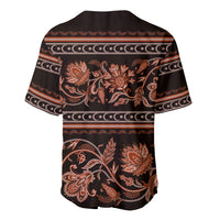Dark baseball jersey front view with orange floral buta pattern and striped trim