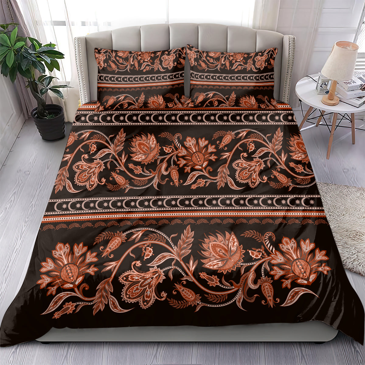 Dark brown duvet and pillowcases with ornate orange floral scroll pattern, bordered stripes