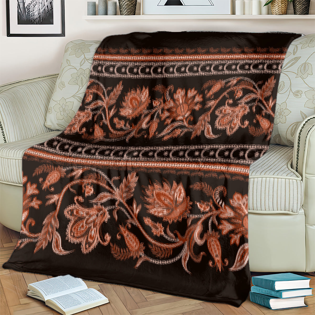 Traditional patterned throw blanket draped on armchair, floral buta scrollwork design