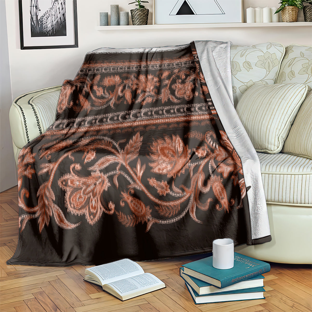 Traditional patterned throw blanket folded and draped, floral buta ornament banding