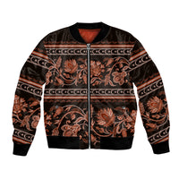 Unisex bomber jacket in dark satin with ornate gold-orange floral pattern and front zipper