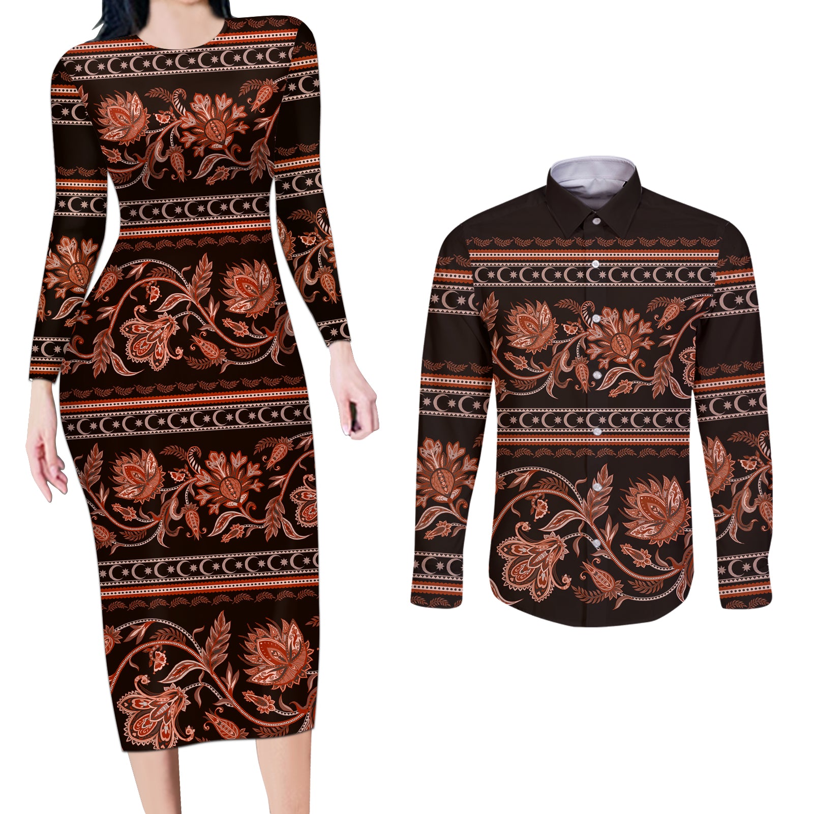 Azerbaijan Couples Matching Long Sleeve Bodycon Dress and Long Sleeve Button Shirts Traditional Pattern Ornament With Flowers Buta Gold LT9 - Wonder Print Shop