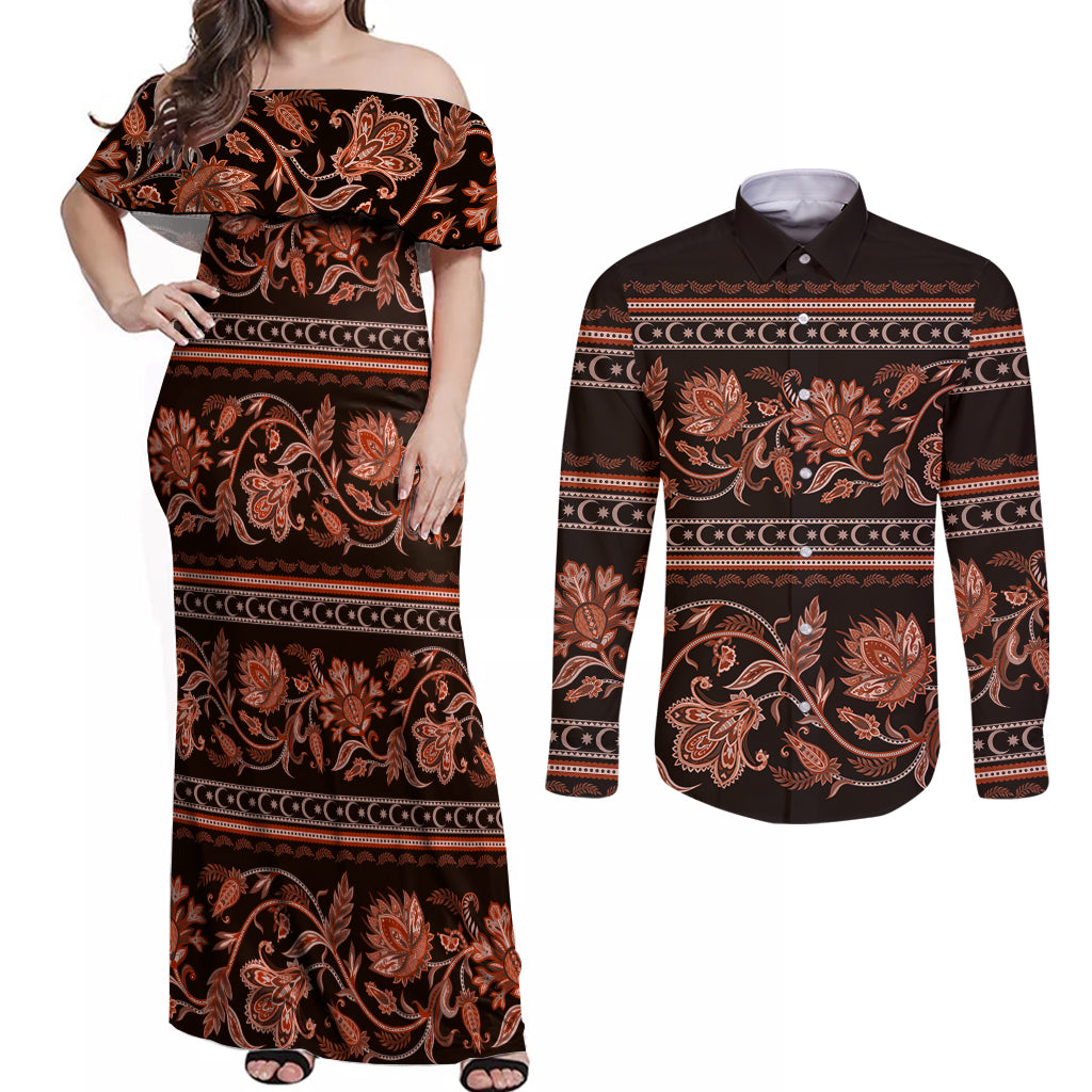 Azerbaijan Couples Matching Off Shoulder Maxi Dress and Long Sleeve Button Shirts Traditional Pattern Ornament With Flowers Buta Gold LT9 - Wonder Print Shop