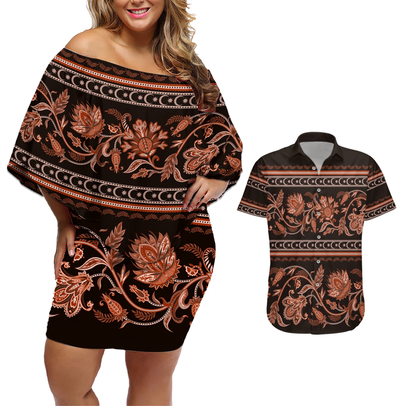 Azerbaijan Couples Matching Off Shoulder Short Dress and Hawaiian Shirt Traditional Pattern Ornament With Flowers Buta Gold LT9 - Wonder Print Shop