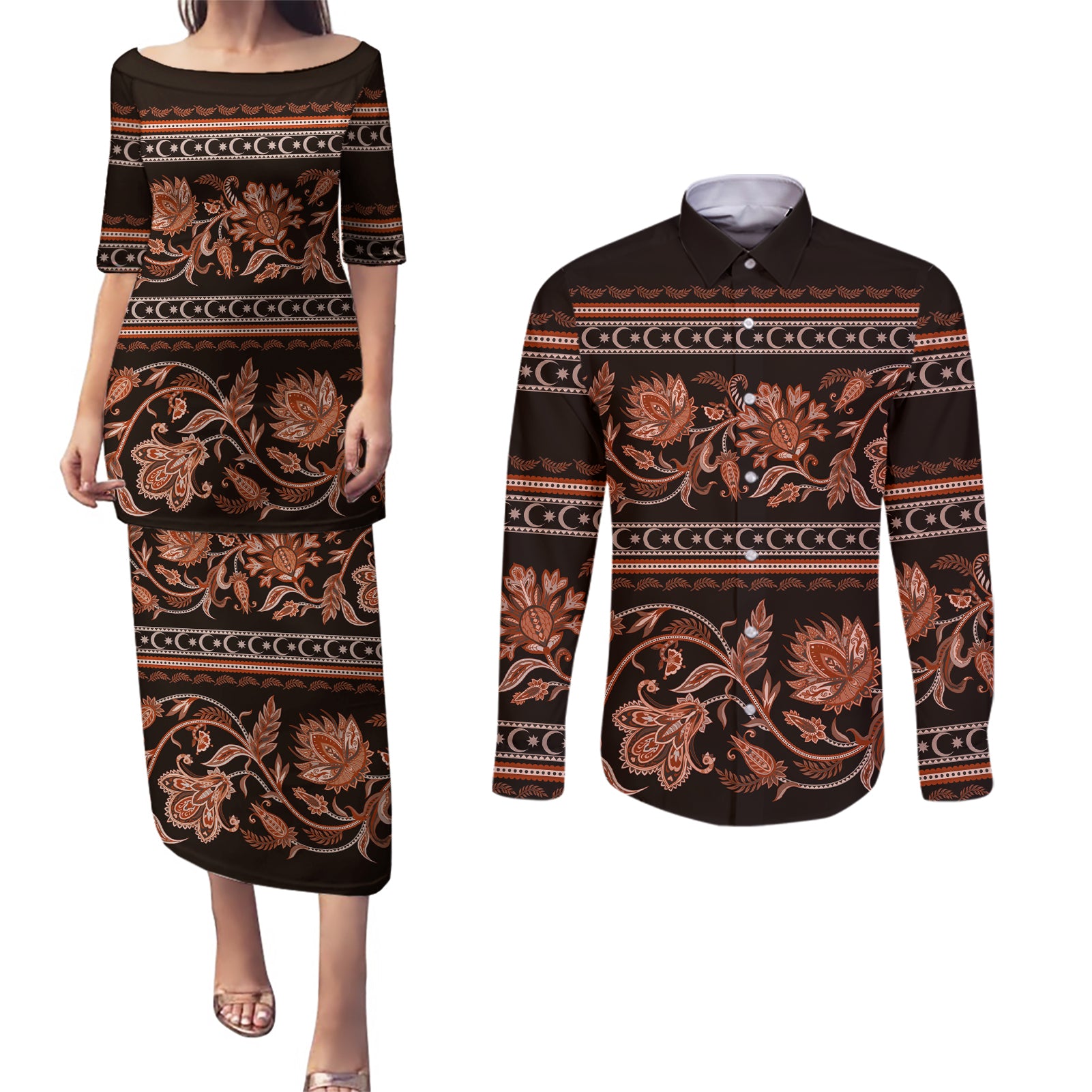 Azerbaijan Couples Matching Puletasi Dress and Long Sleeve Button Shirts Traditional Pattern Ornament With Flowers Buta Gold LT9 - Wonder Print Shop