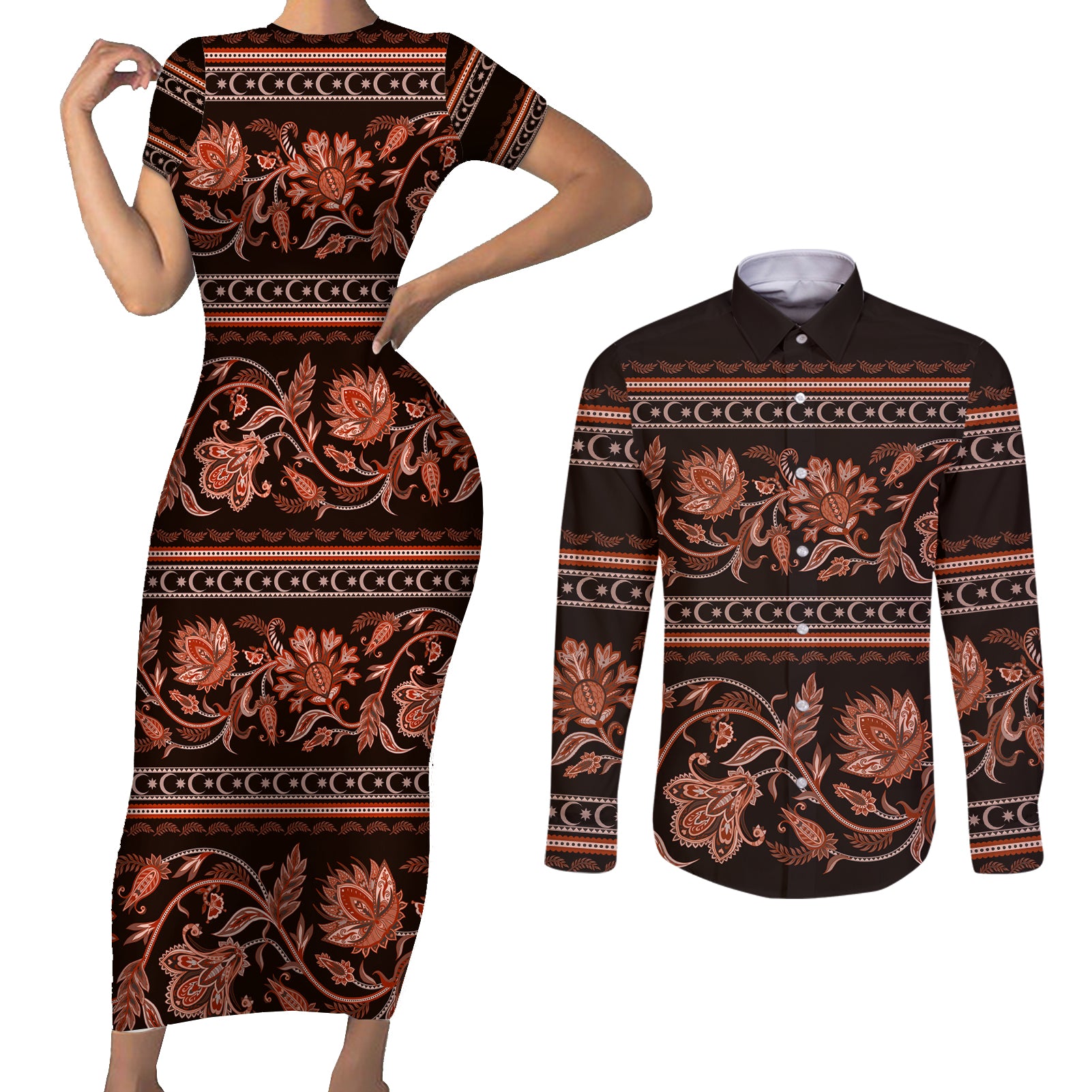 Azerbaijan Couples Matching Short Sleeve Bodycon Dress and Long Sleeve Button Shirts Traditional Pattern Ornament With Flowers Buta Gold LT9 - Wonder Print Shop