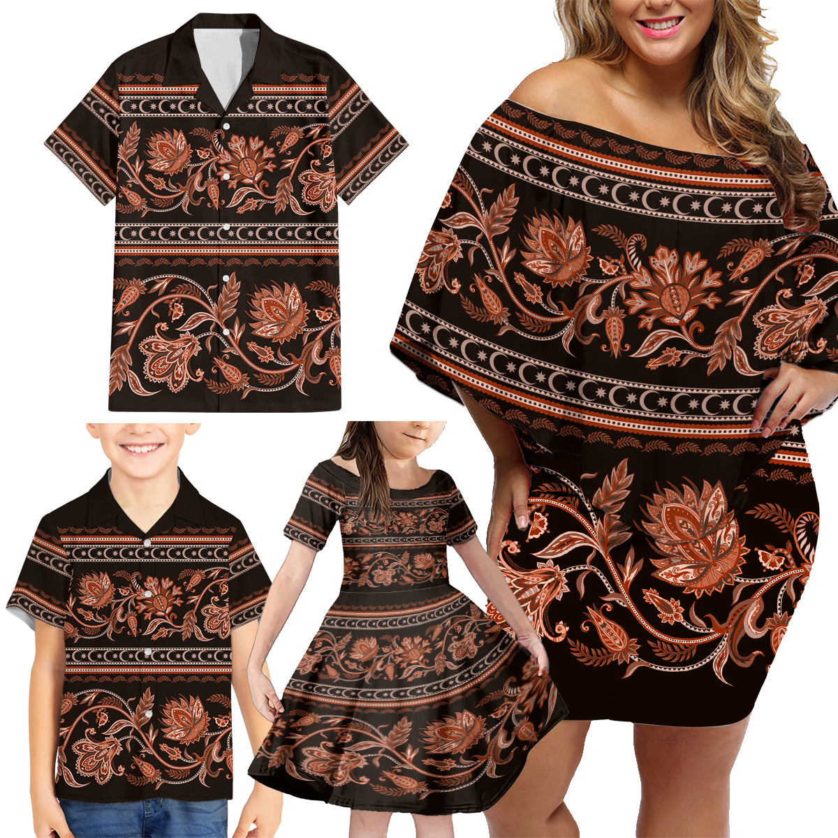 Azerbaijan Family Matching Off Shoulder Short Dress and Hawaiian Shirt Traditional Pattern Ornament With Flowers Buta Gold LT9 - Wonder Print Shop