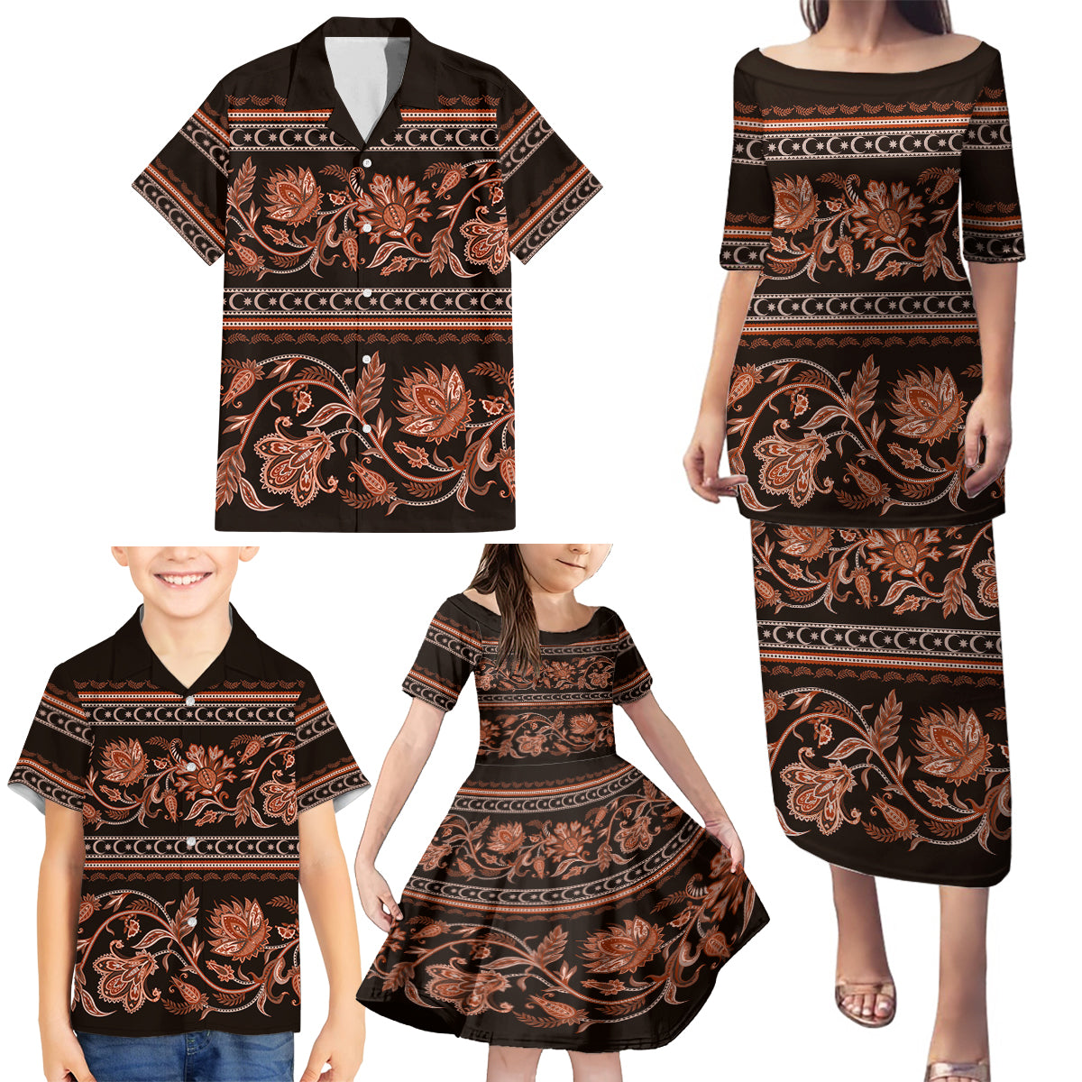 Azerbaijan Family Matching Puletasi Dress and Hawaiian Shirt Traditional Pattern Ornament With Flowers Buta Gold - Wonder Print Shop