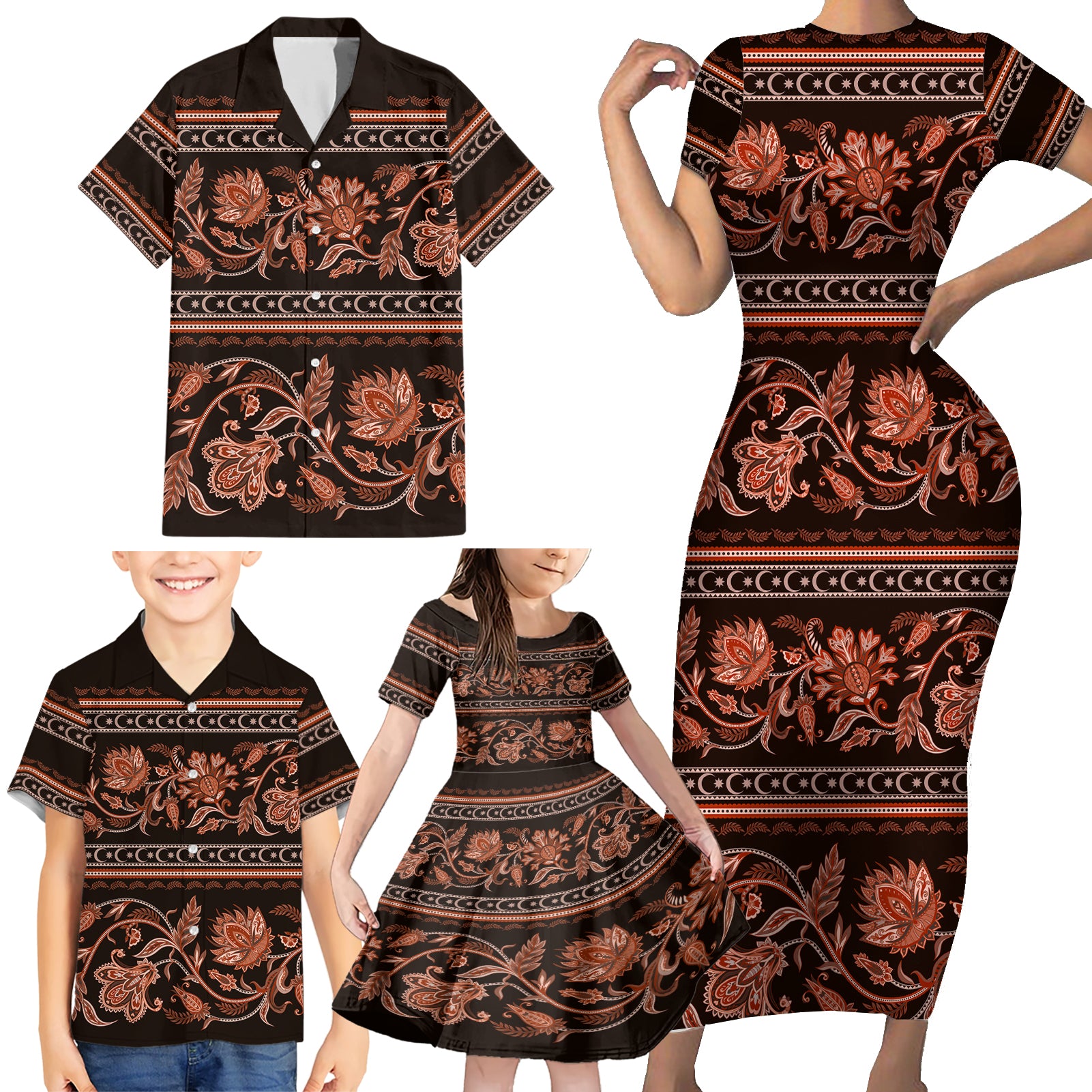 Azerbaijan Family Matching Short Sleeve Bodycon Dress and Hawaiian Shirt Traditional Pattern Ornament With Flowers Buta Gold - Wonder Print Shop