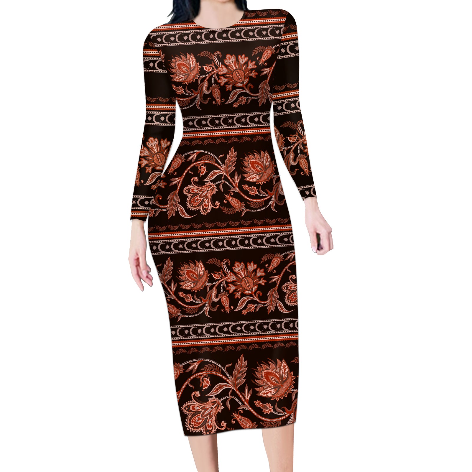 Azerbaijan Long Sleeve Bodycon Dress Traditional Pattern Ornament With Flowers Buta Gold - Wonder Print Shop