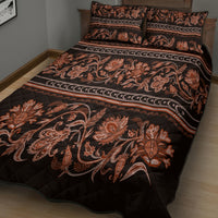 Quilt bed set, black with copper damask floral pattern and two matching shams