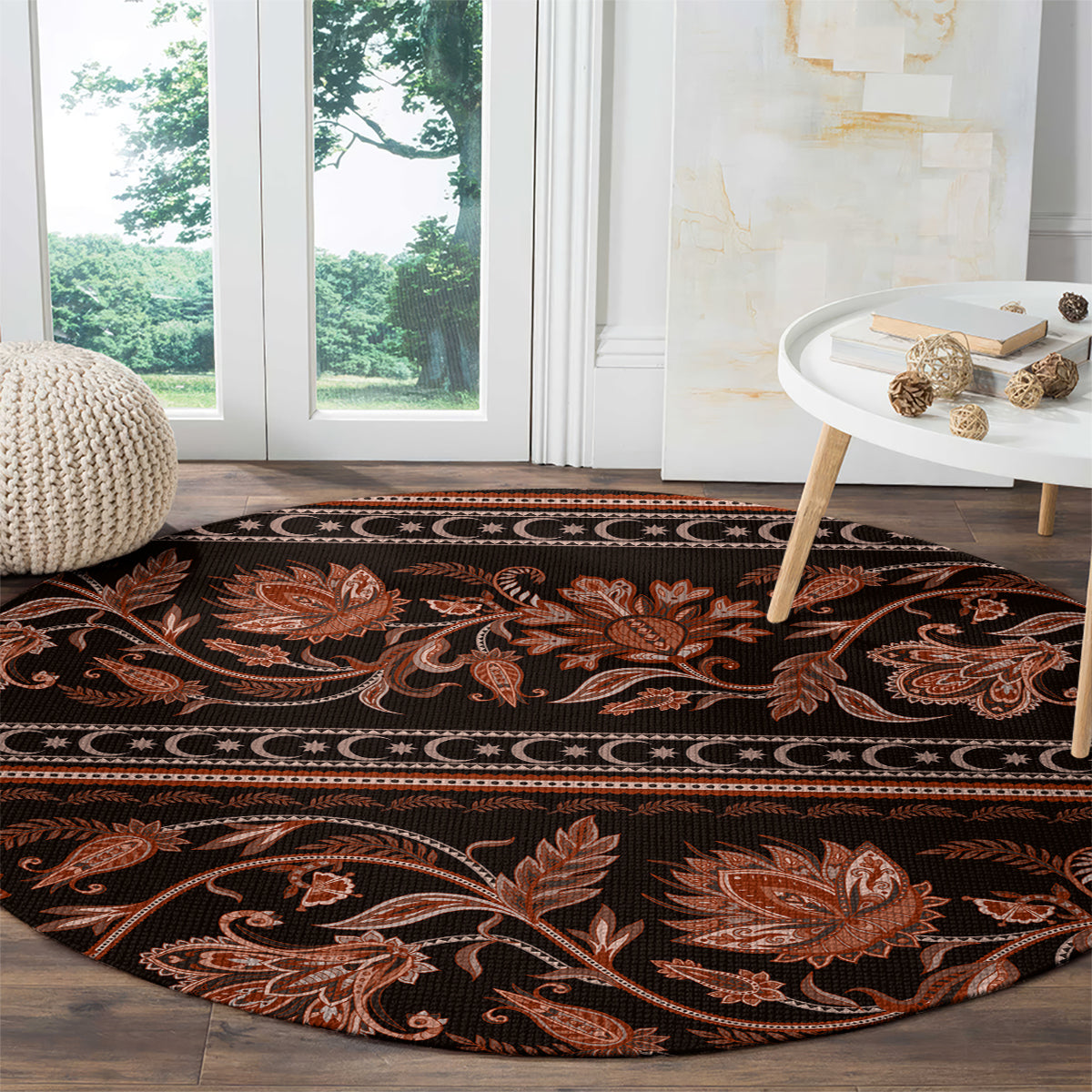 Round traditional carpet featuring orange botanical scrollwork and a striped decorative border