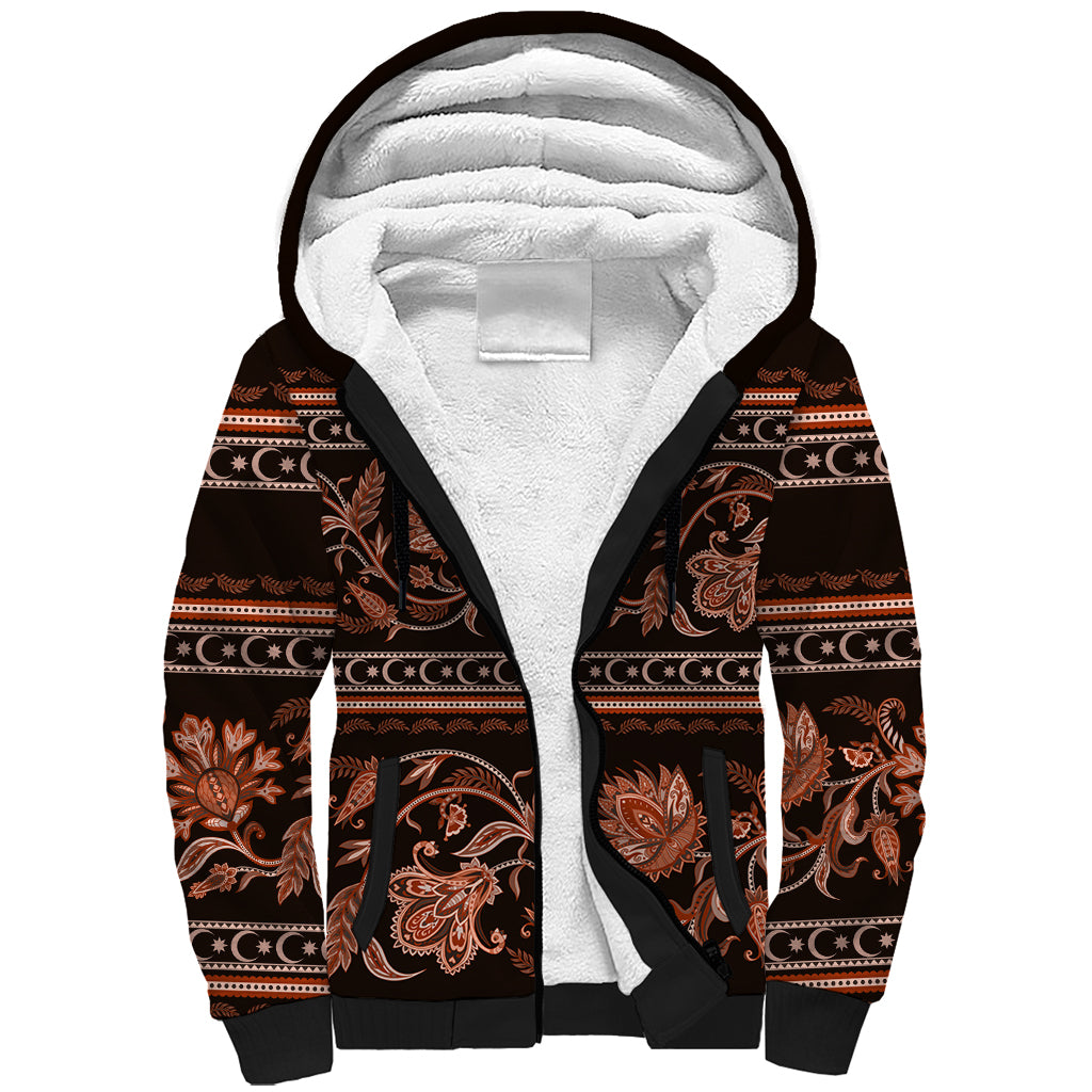 Azerbaijan Sherpa Hoodie Traditional Pattern Ornament With Flowers Buta Gold - Wonder Print Shop