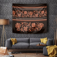 Dark tapestry with orange floral buta ornament and gold stripe borders