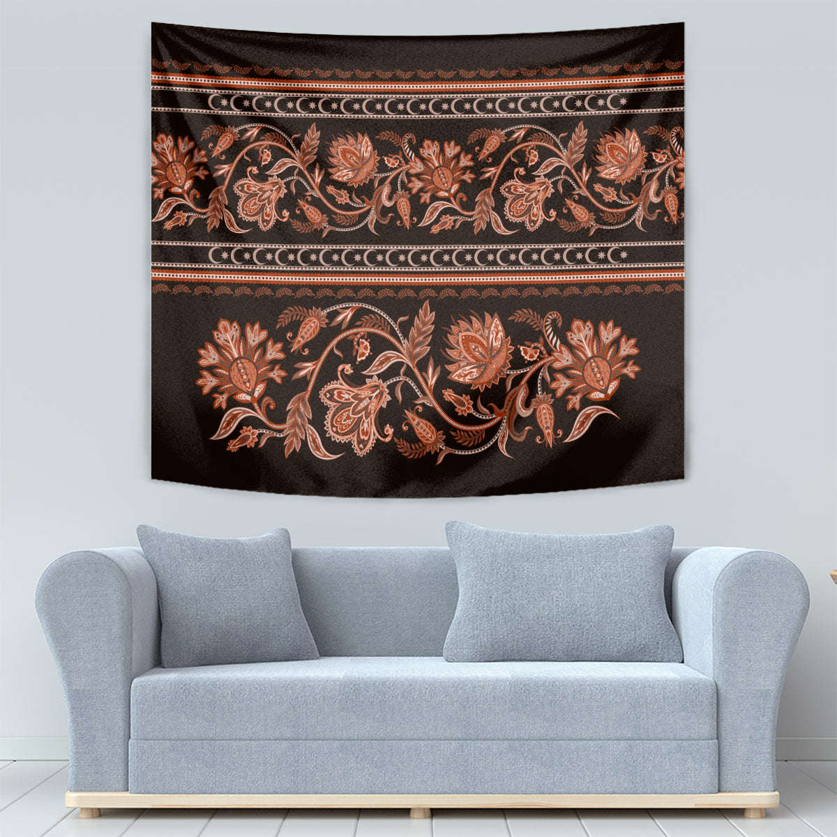 Black-and-dark tapestry with orange floral buta motifs and gold decorative stripes