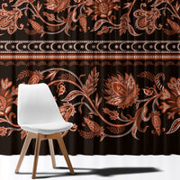 Dark brown curtain panel with large rust-gold paisley floral motif and decorative border bands