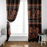 Two hanging window curtain panels in dark brown with rust-gold floral ornament banding