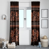 Pair of dark brown window curtains with rust-gold buta floral scroll design and trim bands