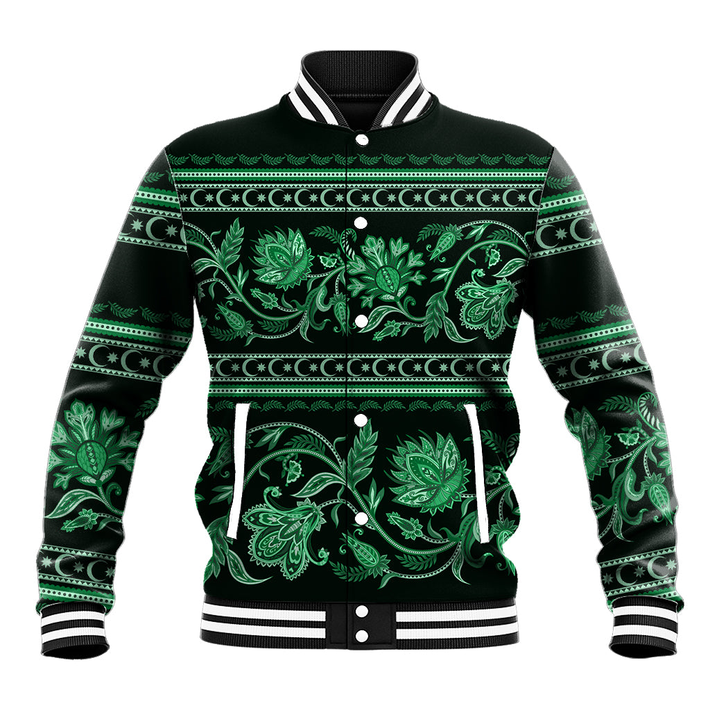 Green baseball jacket with floral ornament buta print, striped ribbed collar and cuffs