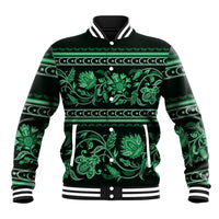 Green baseball jacket with floral ornament buta print, striped ribbed collar and cuffs