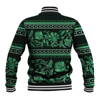 Green baseball jacket back view with floral ornament buta print and striped ribbed hem