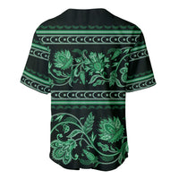 Green baseball jersey with back panel featuring ornate floral buta pattern across shoulders.