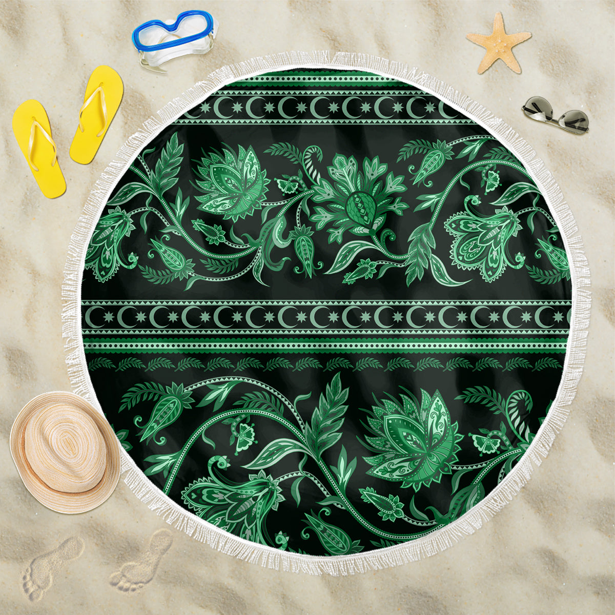 Azerbaijan Beach Blanket Traditional Pattern Ornament With Flowers Buta Green LT9 - Wonder Print Shop