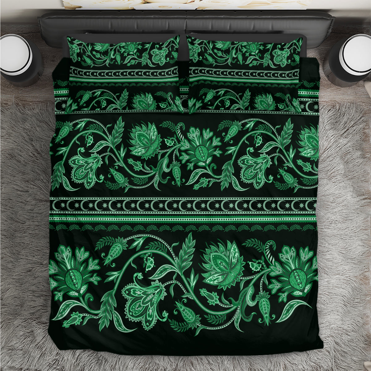 Green traditional floral ornamental bedding set with dark green buta and paisley pattern