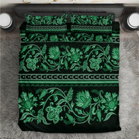 Green traditional floral ornamental bedding set with dark green buta and paisley pattern