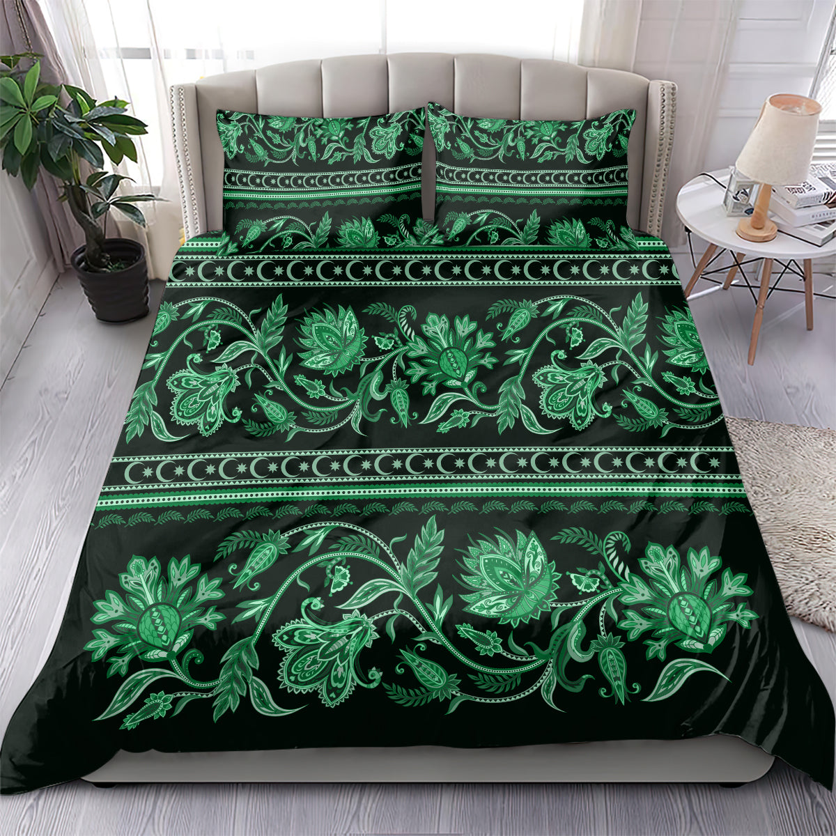 Green bedding set with matching pillow shams, bold floral vines and stripe ornament