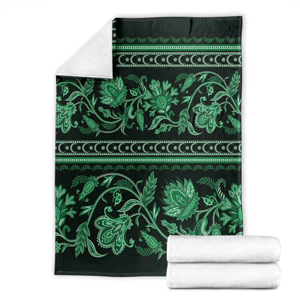 Green and dark floral ornament blanket set with folded towels