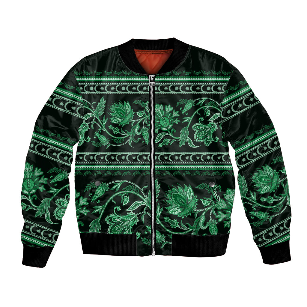 Unisex green bomber jacket with traditional floral ornament zip front, ribbed cuffs