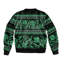 Unisex green bomber jacket with bold floral and scroll ornament, ribbed hem and cuffs