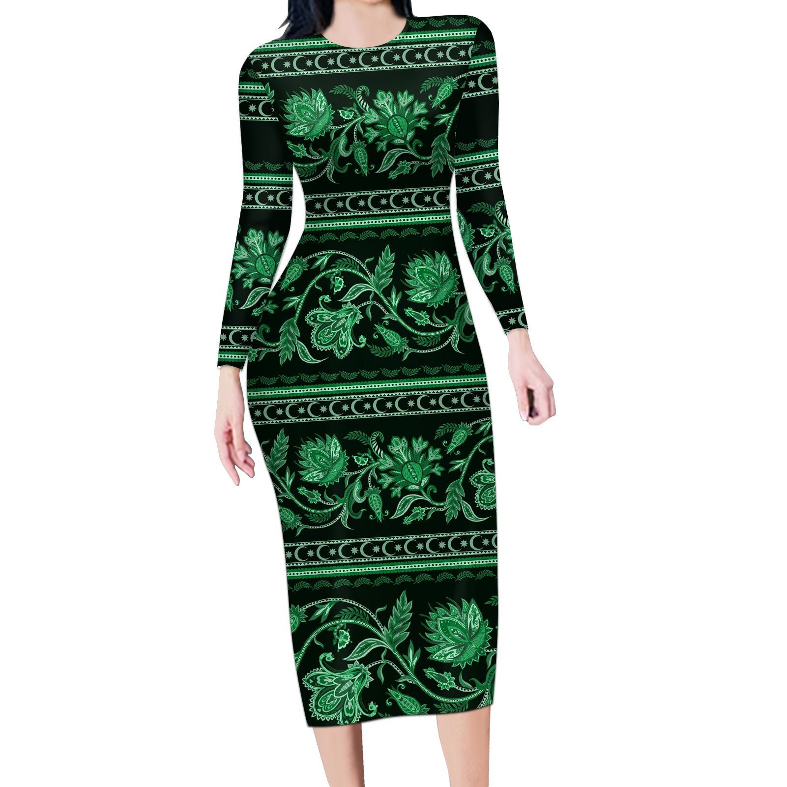 Azerbaijan Long Sleeve Bodycon Dress Traditional Pattern Ornament With Flowers Buta Green - Wonder Print Shop