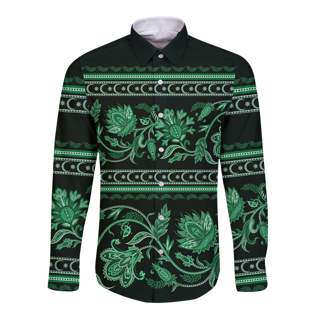 Long-sleeve button shirt with green floral ornamental print on dark base
