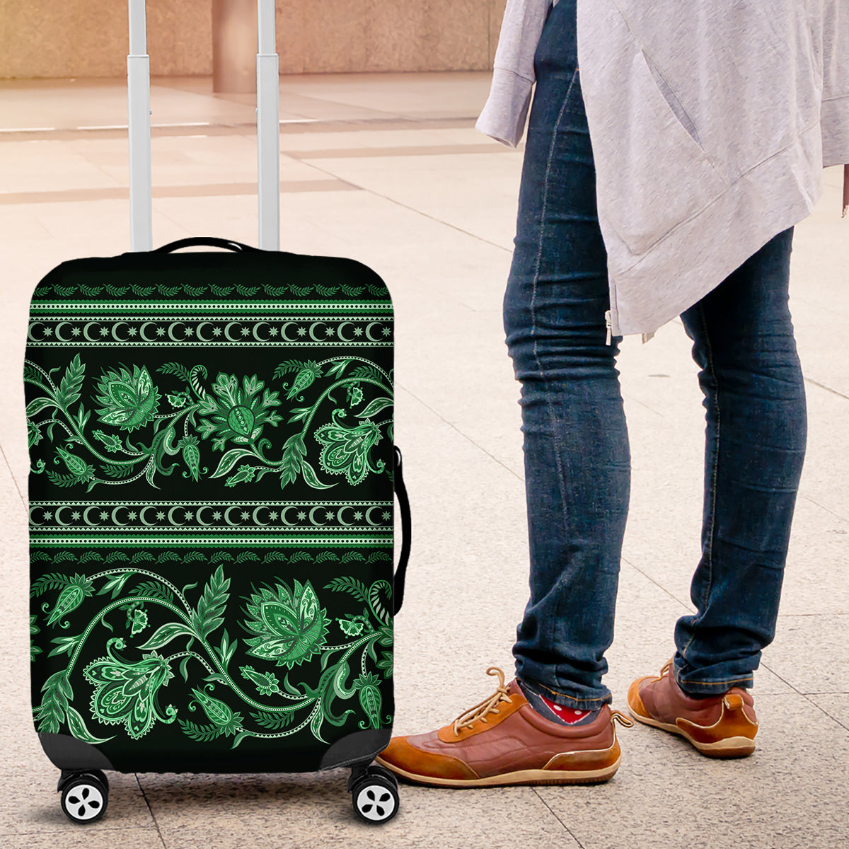 Azerbaijan Luggage Cover Traditional Pattern Ornament With Flowers Buta Green - Wonder Print Shop