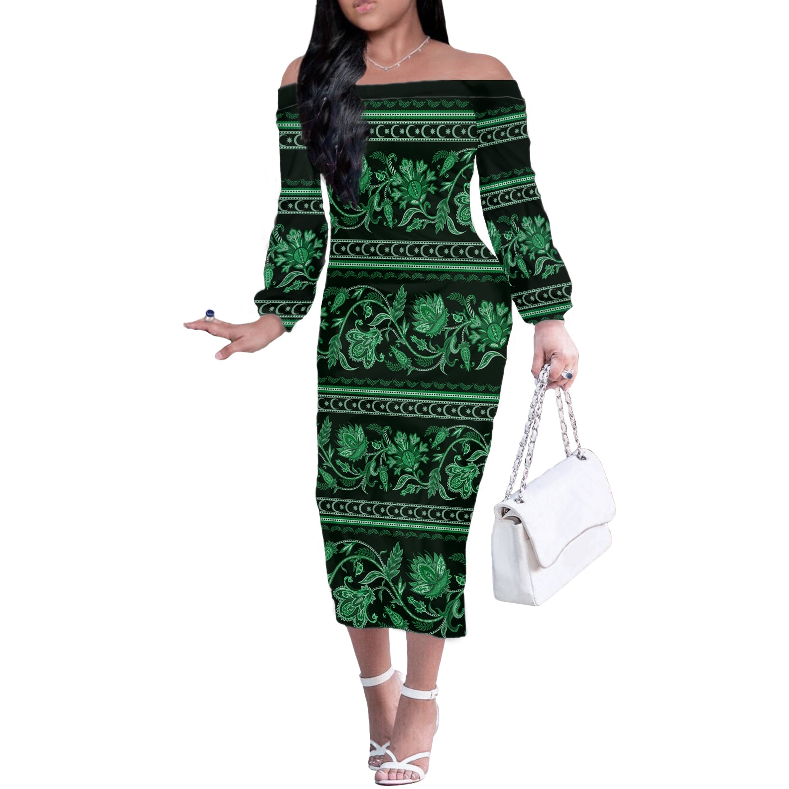 Azerbaijan Off The Shoulder Long Sleeve Dress Traditional Pattern Ornament With Flowers Buta Green - Wonder Print Shop