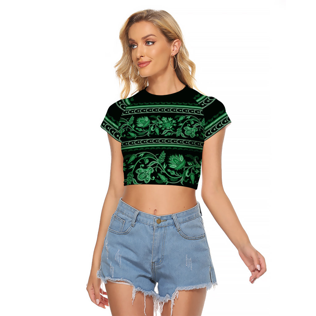 Azerbaijan Raglan Cropped T Shirt Traditional Pattern Ornament With Flowers Buta Green - Wonder Print Shop