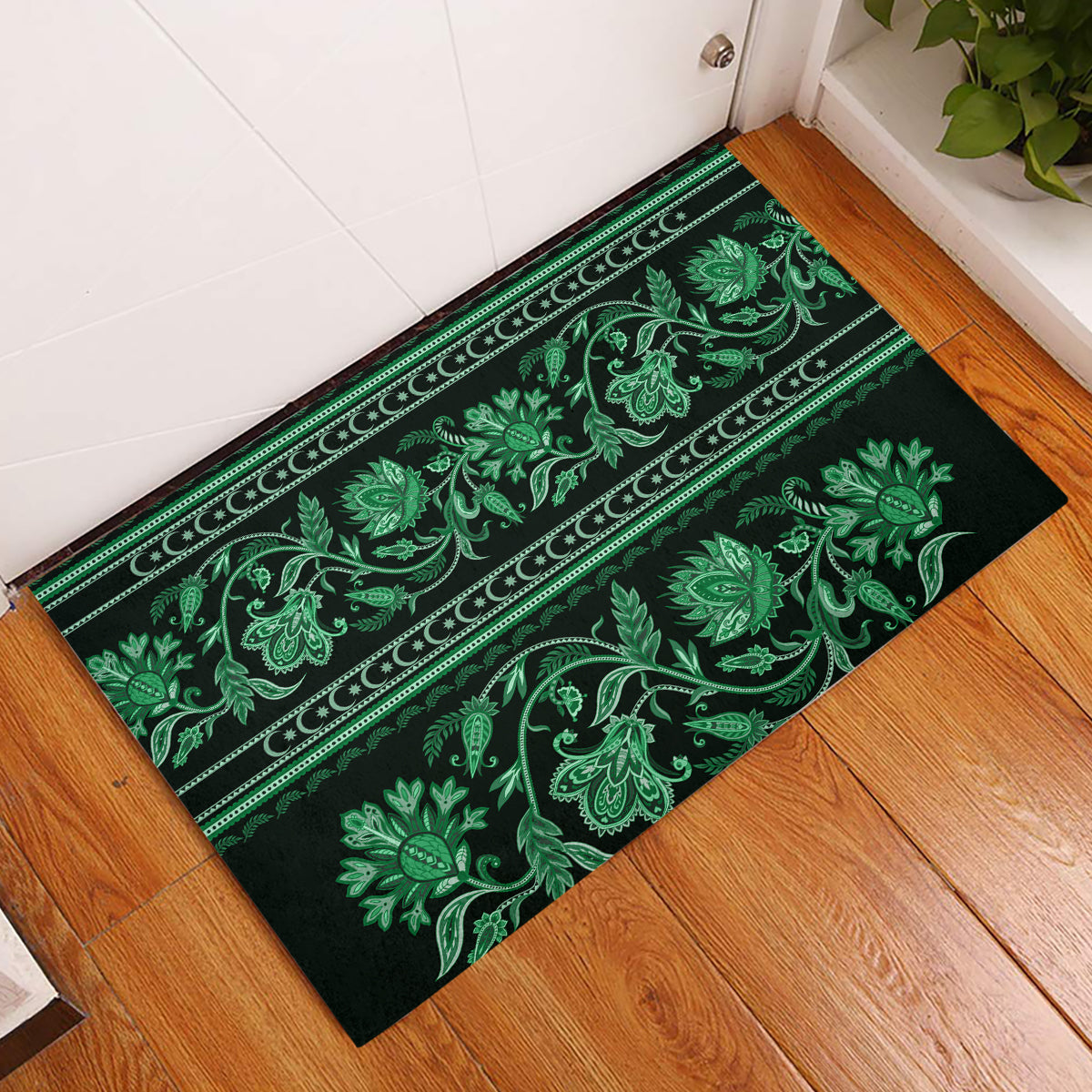 Azerbaijan Rubber Doormat Traditional Pattern Ornament With Flowers Buta Green - Wonder Print Shop